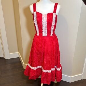 Vintage Red Polka Dot Midi Dress with White Lace Trim